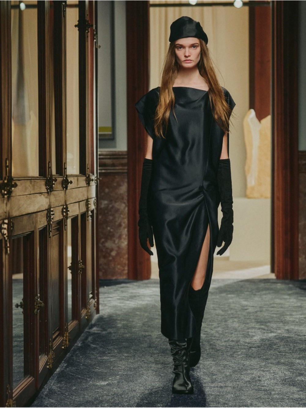 Massimo Dutti limited edition black satin thigh slit dress